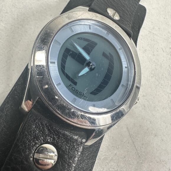 Fossil Big Tic Watch Mens 40mm Black Leather Cuff Grunge Rock New Battery - Picture 4 of 11